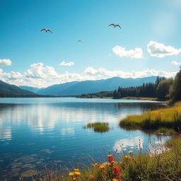 A serene landscape featuring a calm lake surrounded by lush greenery and distant, majestic mountains under a bright blue sky with fluffy white clouds