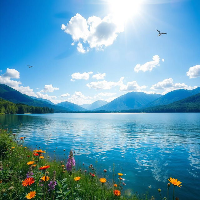 A serene landscape featuring a calm lake surrounded by lush greenery and distant, majestic mountains under a bright blue sky with fluffy white clouds