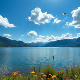 A serene landscape featuring a calm lake surrounded by lush greenery and distant, majestic mountains under a bright blue sky with fluffy white clouds