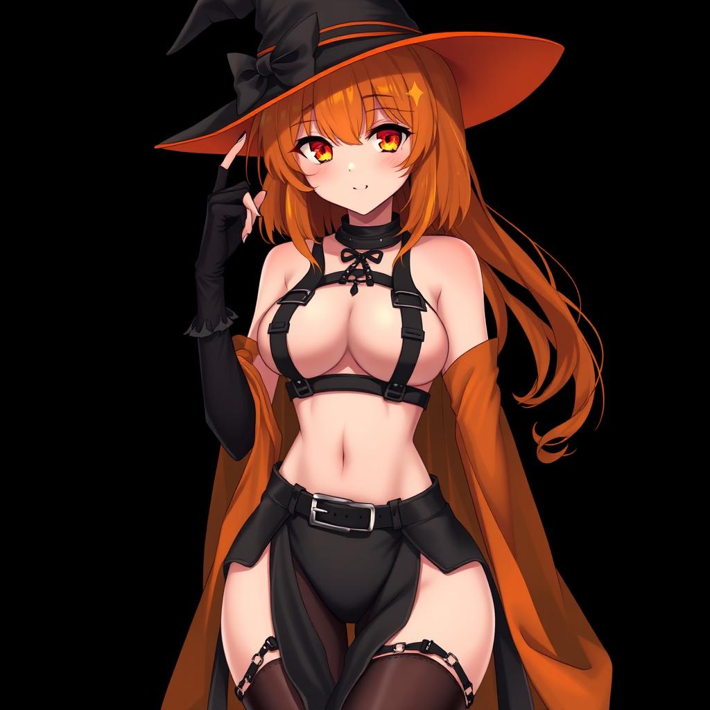 A sexy gothic anime witch girl with shoulder-length orange hair, playfully styled beneath a classic witch’s hat