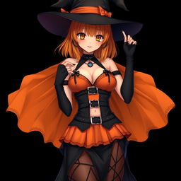 A sexy gothic anime witch girl with shoulder-length orange hair, playfully styled beneath a classic witch’s hat