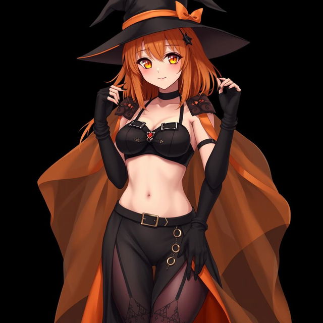 A sexy gothic anime witch girl with shoulder-length orange hair, playfully styled beneath a classic witch’s hat