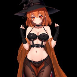 A sexy gothic anime witch girl with shoulder-length orange hair, playfully styled beneath a classic witch’s hat