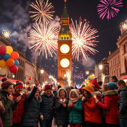 A vibrant and festive New Year's Eve celebration scene set in a lively city square