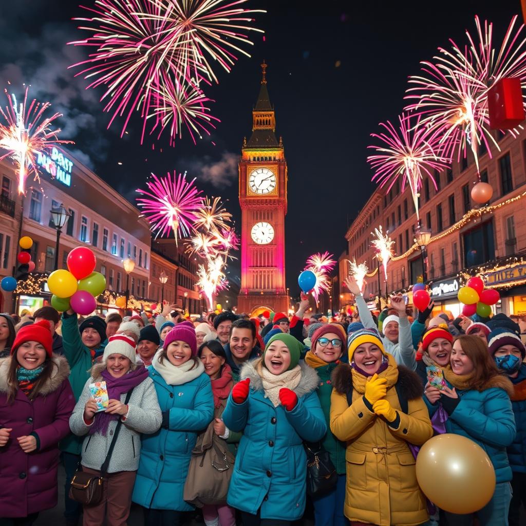 A vibrant and festive New Year's Eve celebration scene set in a lively city square