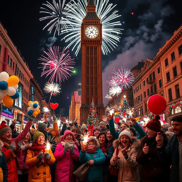 A vibrant and festive New Year's Eve celebration scene set in a lively city square