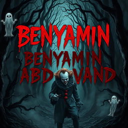 A terrifying and dark forest scene, with the name "BENYAMIN ABDOLVAND" depicted in a blood-red, haunting font