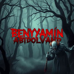 A terrifying and dark forest scene, with the name "BENYAMIN ABDOLVAND" depicted in a blood-red, haunting font