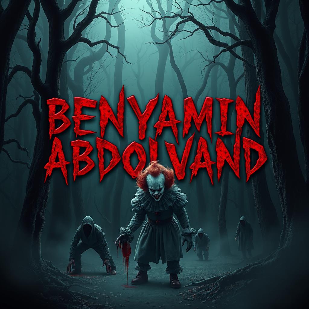 A terrifying and dark forest scene, with the name "BENYAMIN ABDOLVAND" depicted in a blood-red, haunting font