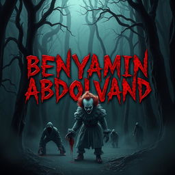 A terrifying and dark forest scene, with the name "BENYAMIN ABDOLVAND" depicted in a blood-red, haunting font