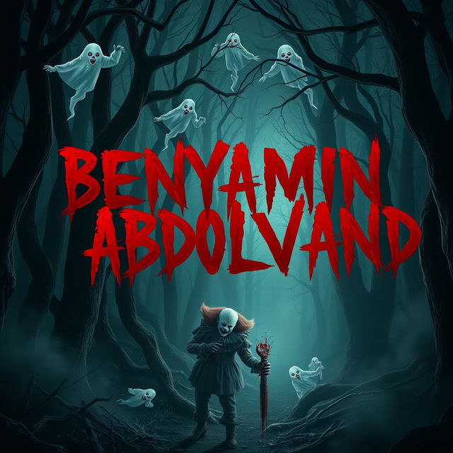 A terrifying and dark forest scene, with the name "BENYAMIN ABDOLVAND" depicted in a blood-red, haunting font