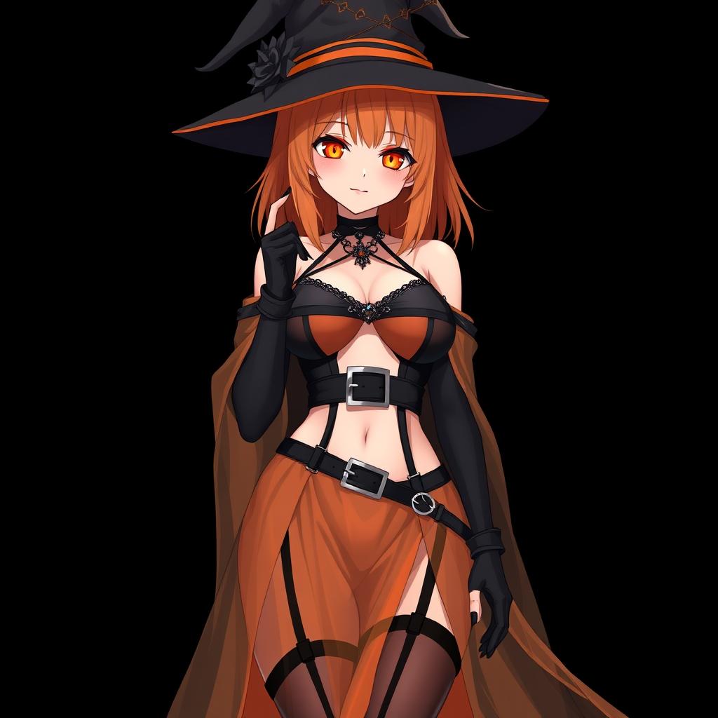 A sexy gothic anime witch girl with shoulder-length orange hair, topped with a stylish witch's hat