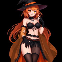 A sexy gothic anime witch girl with shoulder-length orange hair, topped with a stylish witch's hat
