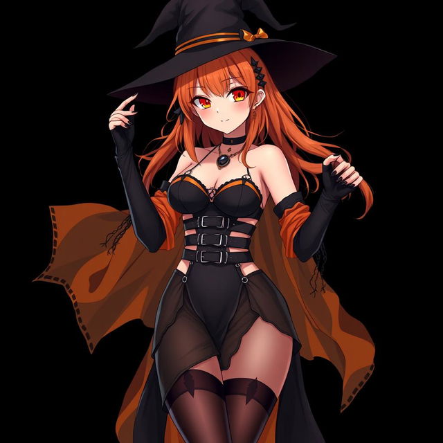 A sexy gothic anime witch girl with shoulder-length orange hair, topped with a stylish witch's hat