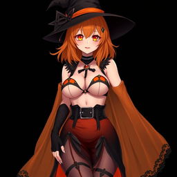 A sexy gothic anime witch girl with shoulder-length orange hair, topped with a stylish witch's hat