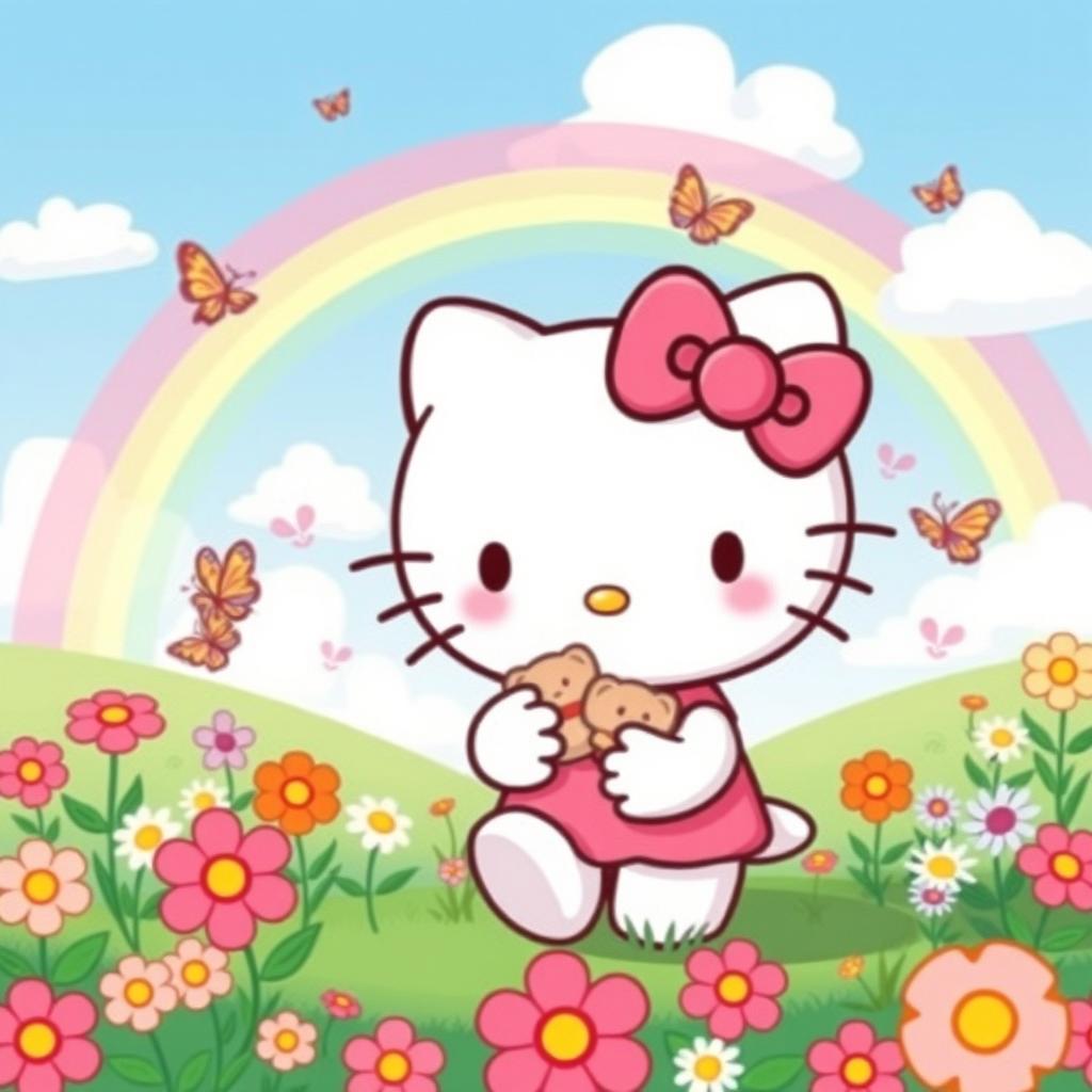 A cute, cartoon-style illustration of Hello Kitty, with her iconic bow on her left ear, standing in a vibrant, colorful landscape filled with flowers and butterflies