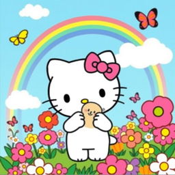 A cute, cartoon-style illustration of Hello Kitty, with her iconic bow on her left ear, standing in a vibrant, colorful landscape filled with flowers and butterflies