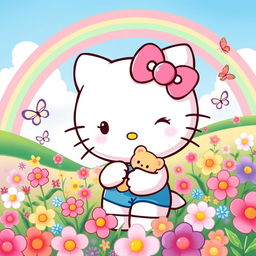 A cute, cartoon-style illustration of Hello Kitty, with her iconic bow on her left ear, standing in a vibrant, colorful landscape filled with flowers and butterflies