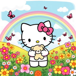 A cute, cartoon-style illustration of Hello Kitty, with her iconic bow on her left ear, standing in a vibrant, colorful landscape filled with flowers and butterflies