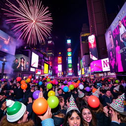 A stunning New Year's Eve celebration in New York City, showcasing the iconic Times Square bustling with energy and excitement