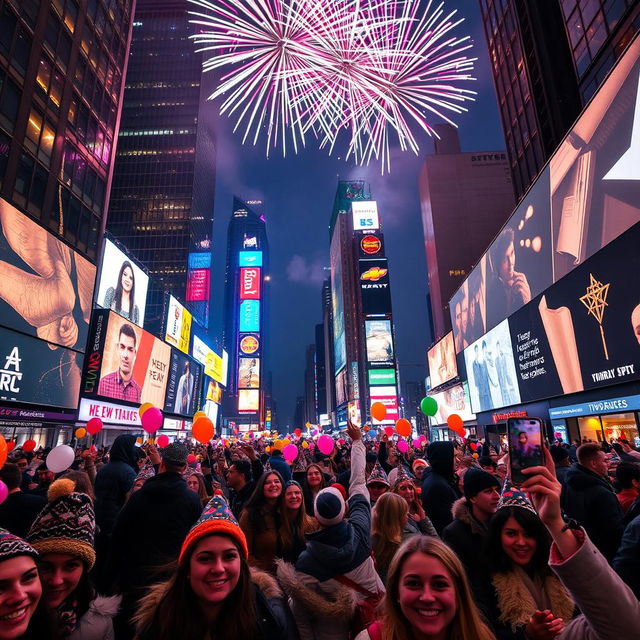 A stunning New Year's Eve celebration in New York City, showcasing the iconic Times Square bustling with energy and excitement