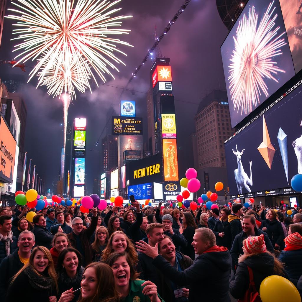 A stunning New Year's Eve celebration in New York City, showcasing the iconic Times Square bustling with energy and excitement