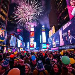 A stunning New Year's Eve celebration in New York City, showcasing the iconic Times Square bustling with energy and excitement