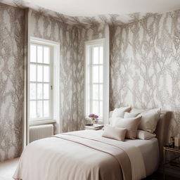 A chic bedroom with short walls covered in chic wallpaper and a small, single window. The room is elegantly arranged with fashionable furniture, creating a sophisticated and stylish ambiance.