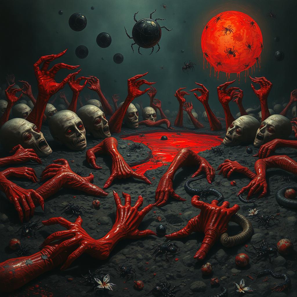 In a dark, surreal landscape depicting a hellish scene