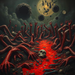 In a dark, surreal landscape depicting a hellish scene