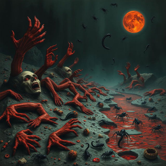 In a dark, surreal landscape depicting a hellish scene