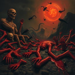 In a dark, surreal landscape depicting a hellish scene