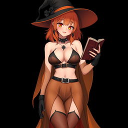 A sexy gothic anime witch girl with shoulder-length orange hair, elegantly styled under a classic witch's hat