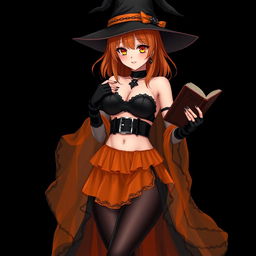 A sexy gothic anime witch girl with shoulder-length orange hair, elegantly styled under a classic witch's hat