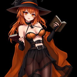 A sexy gothic anime witch girl with shoulder-length orange hair, elegantly styled under a classic witch's hat