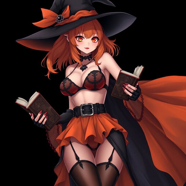 A sexy gothic anime witch girl with shoulder-length orange hair, elegantly styled under a classic witch's hat