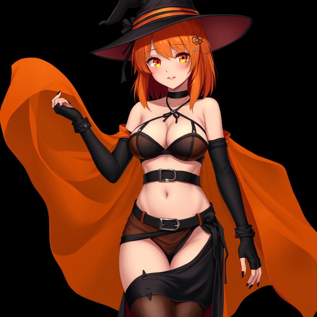 A sexy gothic anime witch girl with shoulder-length orange hair, stylishly adorned with a classic witch's hat