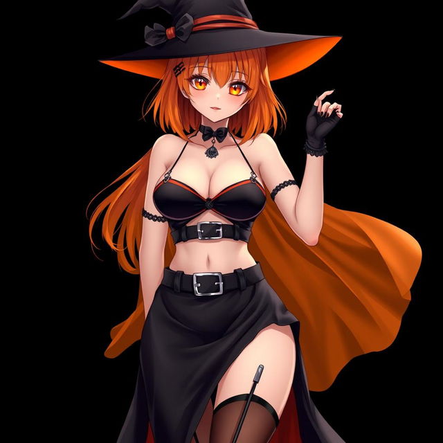 A sexy gothic anime witch girl with shoulder-length orange hair, stylishly adorned with a classic witch's hat