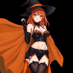 A sexy gothic anime witch girl with shoulder-length orange hair, stylishly adorned with a classic witch's hat