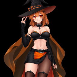 A sexy gothic anime witch girl with shoulder-length orange hair, stylishly adorned with a classic witch's hat