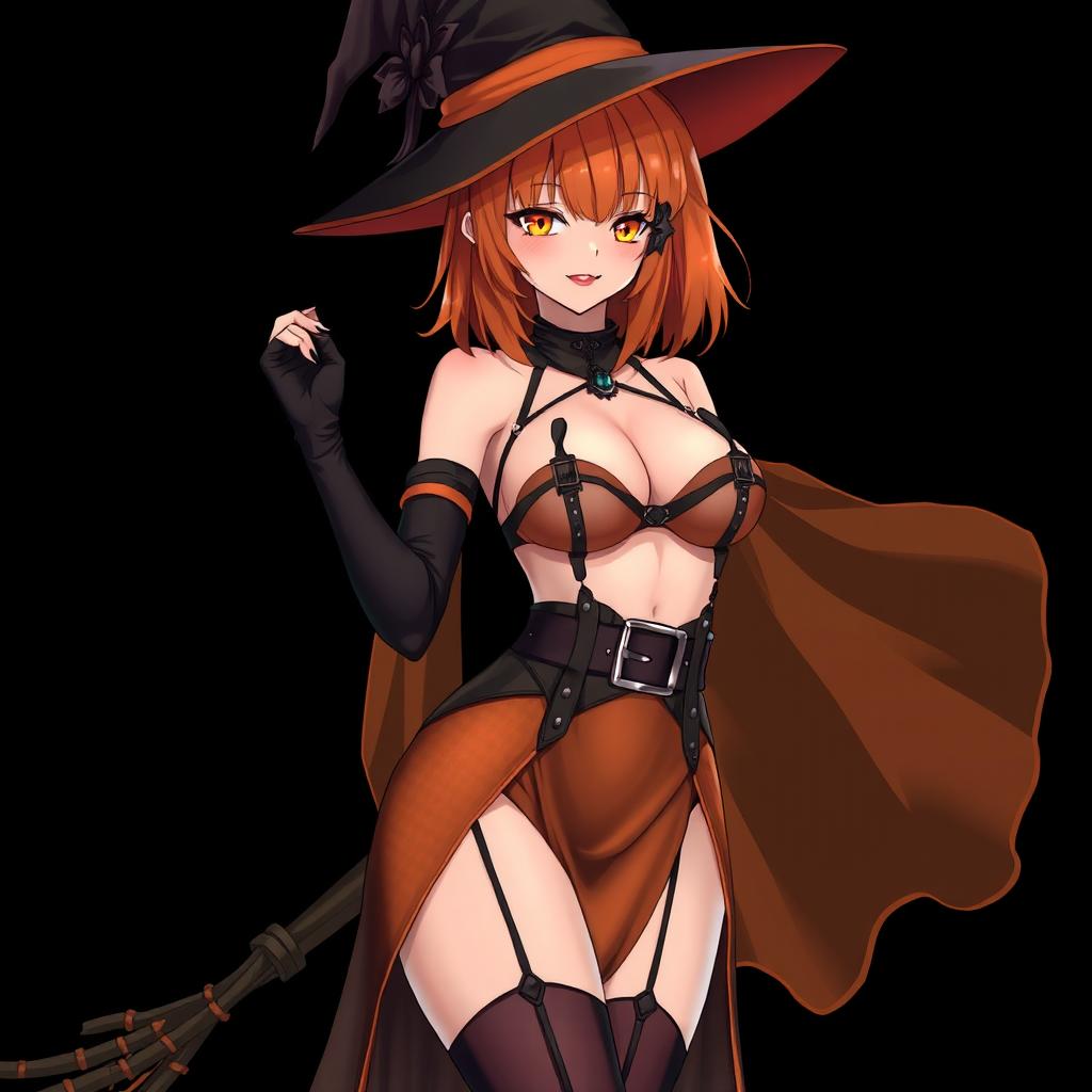 A sexy gothic anime witch girl with shoulder-length orange hair, stylishly adorned with a classic witch's hat