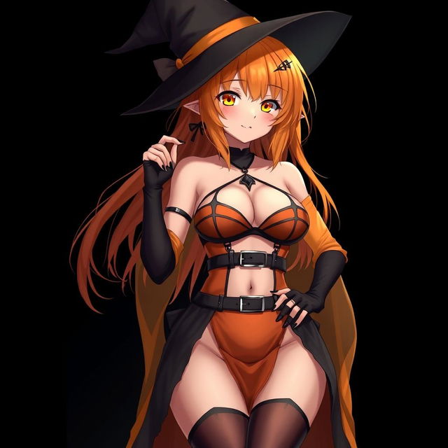 A sexy gothic anime witch girl with shoulder-length orange hair, stylishly adorned with a classic witch's hat