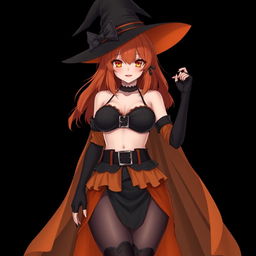 A sexy gothic anime witch girl with shoulder-length orange hair, stylishly adorned with a classic witch's hat