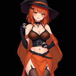A sexy gothic anime witch girl with shoulder-length orange hair, stylishly adorned with a classic witch's hat