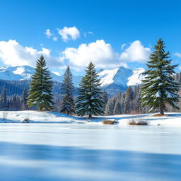 A beautiful winter snow scene featuring a picturesque landscape with snow-covered mountains in the background, pine trees dusted with snow, and a serene, frozen lake in the foreground