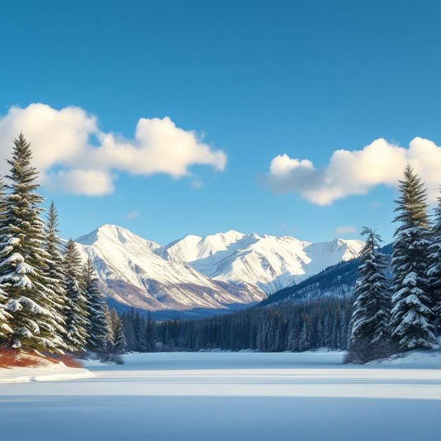 A beautiful winter snow scene featuring a picturesque landscape with snow-covered mountains in the background, pine trees dusted with snow, and a serene, frozen lake in the foreground