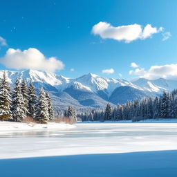 A beautiful winter snow scene featuring a picturesque landscape with snow-covered mountains in the background, pine trees dusted with snow, and a serene, frozen lake in the foreground