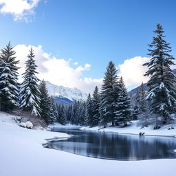 A beautiful winter snow scene featuring a picturesque landscape with snow-covered mountains in the background, pine trees dusted with snow, and a serene, frozen lake in the foreground