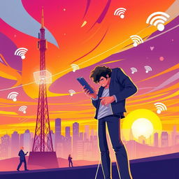 A dynamic and colorful illustration of a telecommunications theme featuring a person using a smartphone while standing next to a futuristic telecom tower