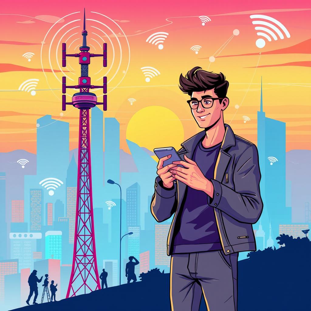A dynamic and colorful illustration of a telecommunications theme featuring a person using a smartphone while standing next to a futuristic telecom tower